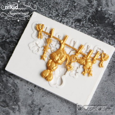 Бебешки простир банер със зайче силиконов молд форма украса декор торта фондан шоколад