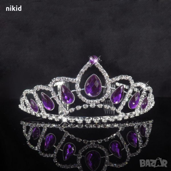 Сребриста с лилави капки камъни корона диадема с камъни детска дамска, снимка 1
