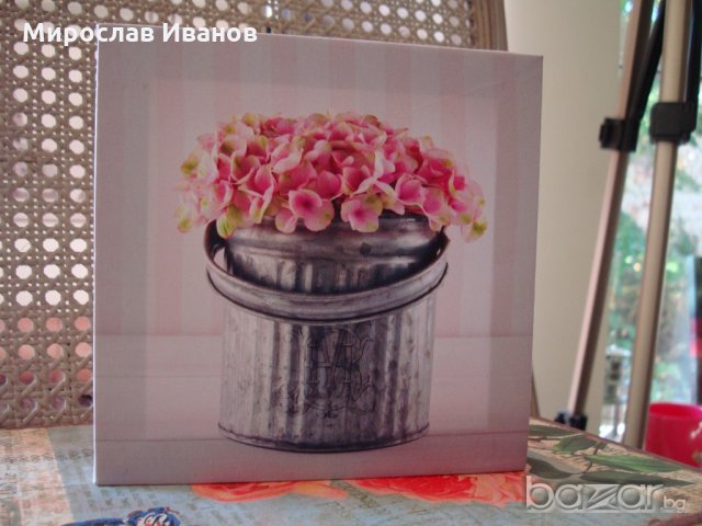 " Розови цветя в метален съд " - ретро пано, снимка 2 - Пана - 21346809