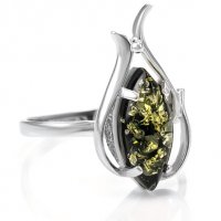 Сребърен пръстен със зелен кехлибар, Родиево покритие, снимка 2 - Пръстени - 25337782