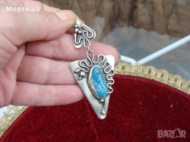  Авторски сребърни обеци с естествен тюркоаз , снимка 4 - Обеци - 22221954