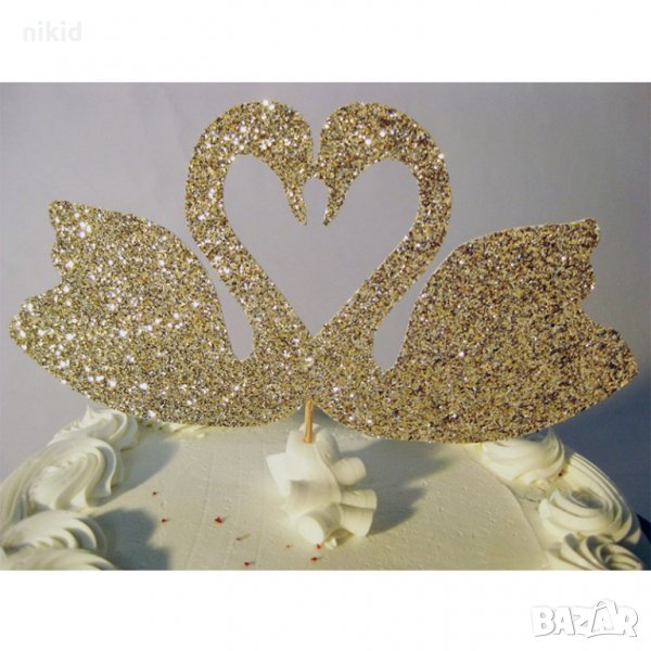 2 Лебеда златист мек брокатен топер клечка украса декор за торта мъфини , снимка 1