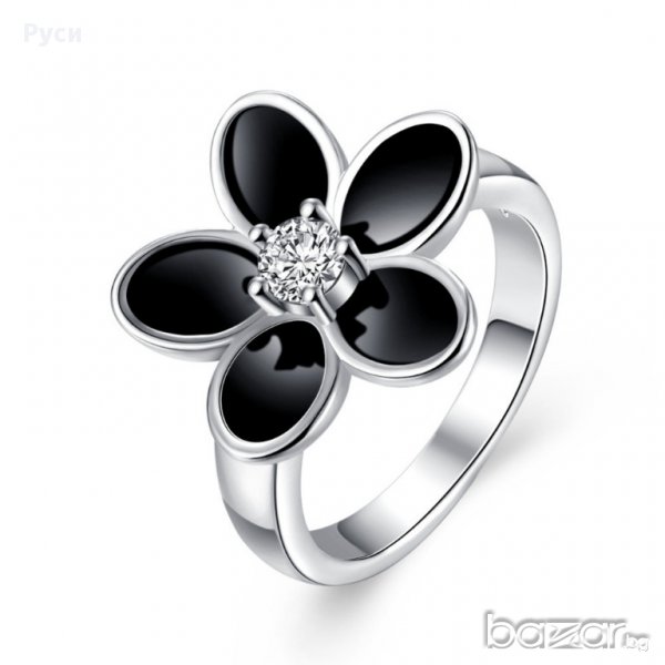 Посребрен пръстен Цвете с черни листа, снимка 1