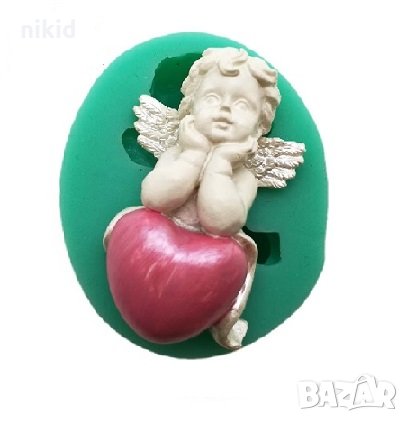 Ангелче ангел подпряно на сърце силиконов молд форма декорация украса фондан торта мъфини и др, снимка 2 - Форми - 25131011