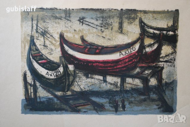 Стара картина, литография, лодки, Ахтопол, 1970-те год., снимка 2 - Картини - 23682656
