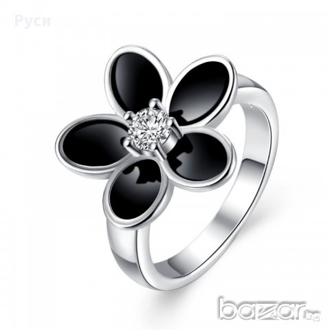 Посребрен пръстен Цвете с черни листа, снимка 1 - Пръстени - 17116758