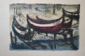 Стара картина, литография, лодки, Ахтопол, 1970-те год., снимка 2