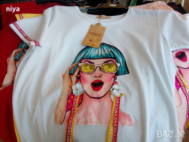 Тениска със капси и ленти в черен,червен,бял,жълт и бледо розов цвят , снимка 3 - Тениски - 25667262