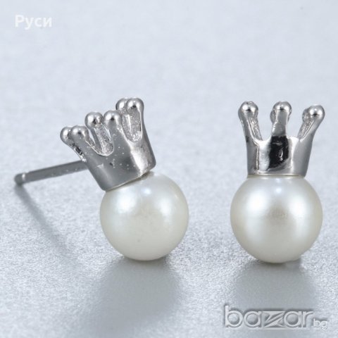 Сребърни обеци - Перла с коронка, снимка 2 - Обеци - 19125394