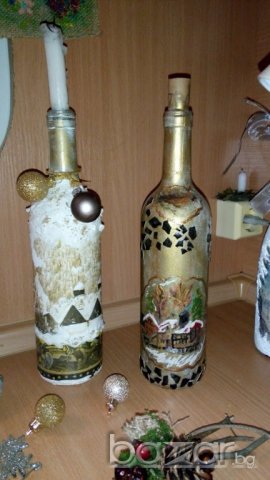 Бутилки с декупаж Коледа, снимка 6 - Декорация за дома - 19831540