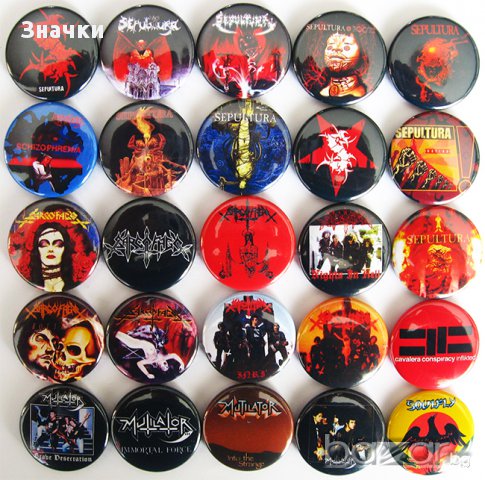 Значки на Sepultura Sarcofago Mutilator Soulfly, снимка 1 - Други ценни предмети - 11782828