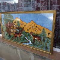 Картина горска тематика елени хижа къща с конци гоблен ретро, снимка 4 - Гоблени - 20269386