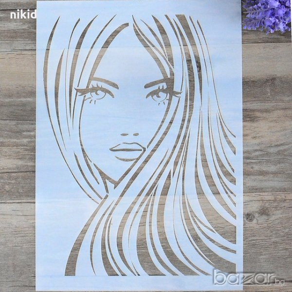 Красиво момиче жена с дълга коса шаблон стенсил спрей за торта украса Scrapbooking, снимка 1