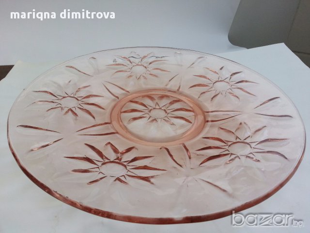 голямо плато розово стъкло масивно гравирано стъкло, снимка 6 - Чинии - 14322371