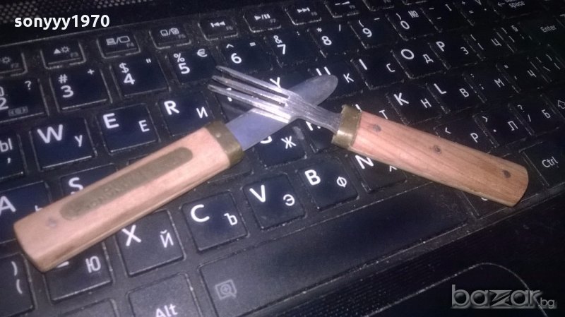 ретро комплект-нож+вилица-дърво/мед/месинг-25см, снимка 1