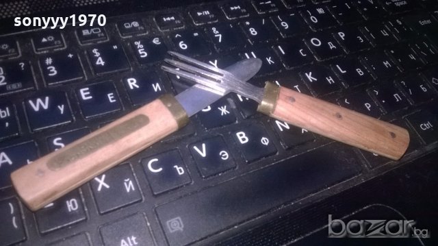 ретро комплект-нож+вилица-дърво/мед/месинг-25см