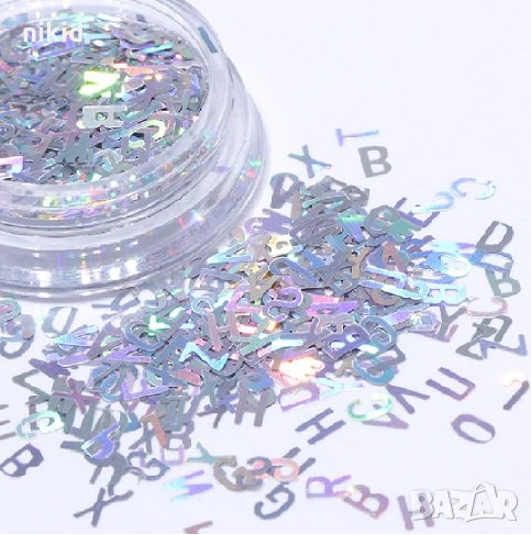 Буквички букви латински лазер блясък сребърни златни розови холограмни нокти маникюр декорация, снимка 1