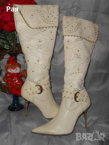 Елегантни кожени ботуши Fiorelli мръсно бели със златни елементи , снимка 1