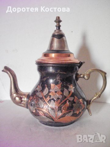 Стар месингов комплект с мед - чайник + поднос, снимка 2 - Антикварни и старинни предмети - 24119956