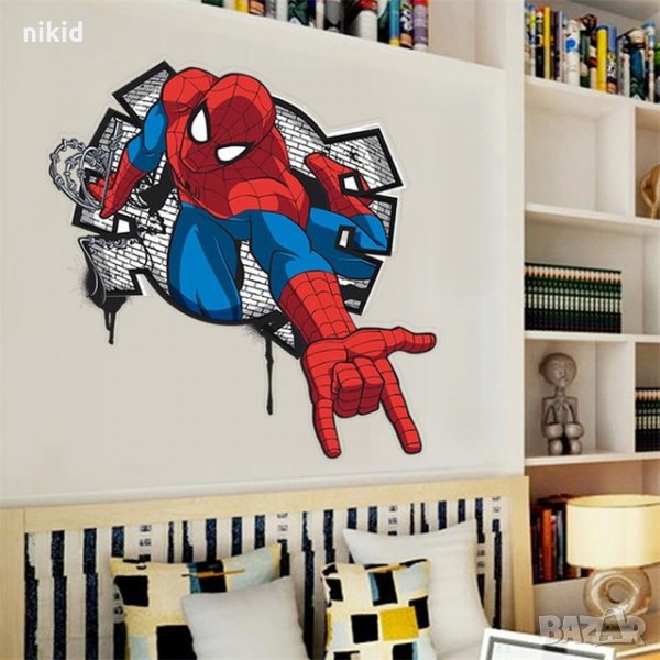Дупка мрежа спайдърмен Spiderman стикер постер лепенка за стена детска стая самозалепващ, снимка 1
