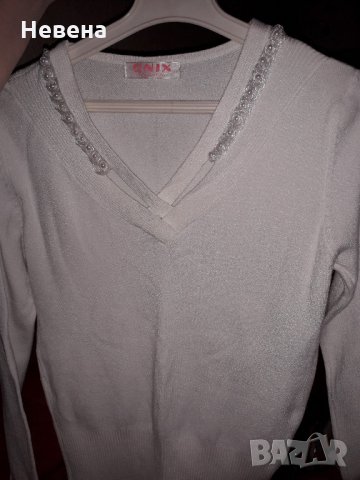 Дамска блуза с дълъг ръкав бяла с перли, снимка 2 - Блузи с дълъг ръкав и пуловери - 21638303