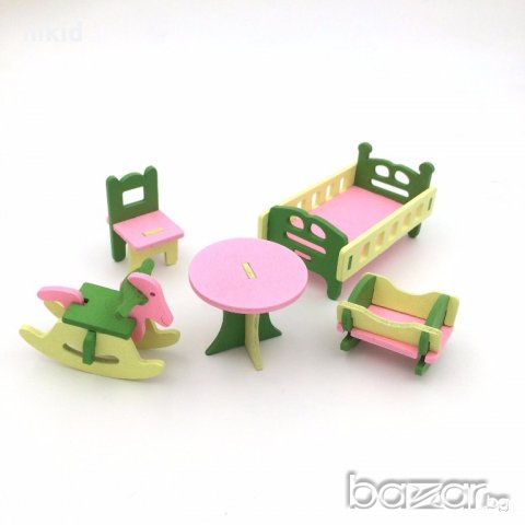 комплект за детска играчка дървена къща обзавеждане легло кошара люлка маса стол