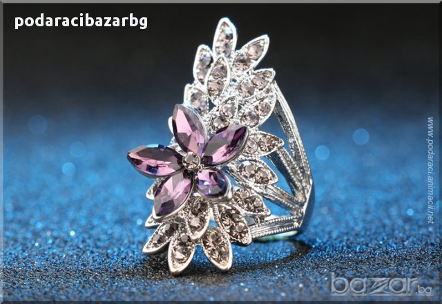 ЦВЕТЕ С ЛИЛАВИ КРИСТАЛИ – ПОСРЕБРЕН ДАМСКИ ПРЪСТЕН, снимка 3 - Пръстени - 17551574