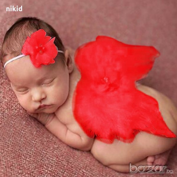 червени ангелски крила криле и лента с пандела за глава за бебе фотосесия фото, снимка 1