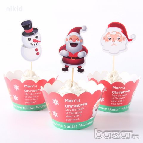 12 бр Коледни Новогодишни топери и кошнички украса декорация за мъфини кексчета торта и парти