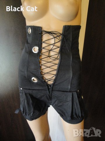 Нов черен къс дамски гащеризон с връзки (тип корсет), къси панталонки, панталони, панталон, блуза, снимка 11 - Гащеризони - 13970641