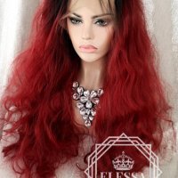 Lace Front LUXYRY WIG ELESSA Дълга Бургундско Червена Омбре Перука Код 1046, снимка 5 - Аксесоари за коса - 25714873