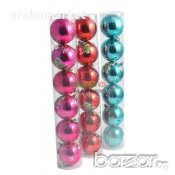 Комплект от 6 бр. топки за окачване на елха с изрисувани снежинки и елхички. Изработени от PVC, снимка 1