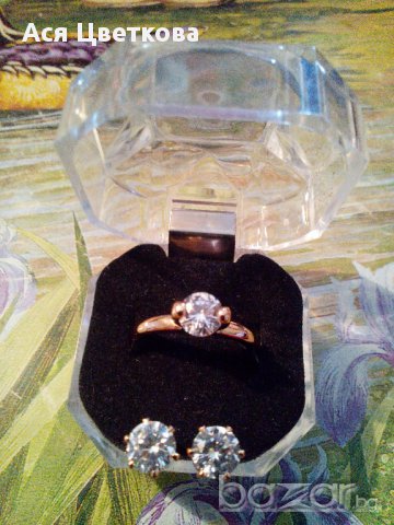 ПРОМО Нов годежен Позлатен с 18к злато дамски Пръстен + обеци с истински австралийски кристал, снимка 6 - Пръстени - 8721747