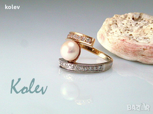 Златен пръстен от бяло и жълто злато с розово-бяла перла 4.87 грама, снимка 4 - Пръстени - 22955772