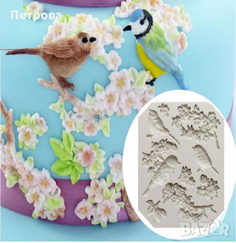 Силиконов молд – Птици на цъфнало клонче, снимка 1 - Форми - 23656599