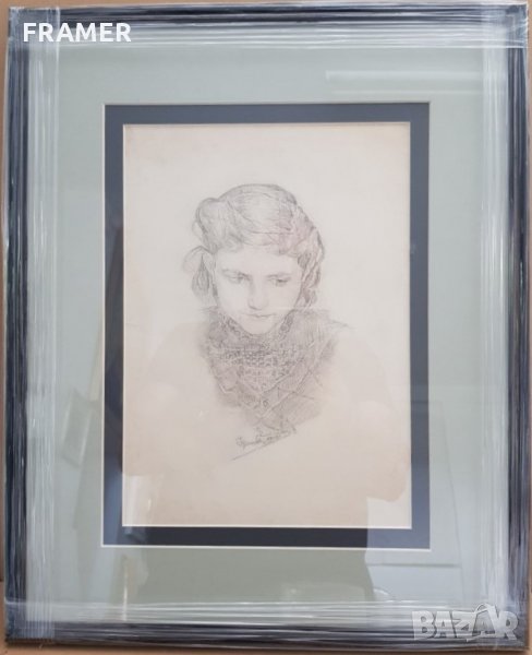 С.Марков Българско момиче 1913 година прецизна рисунка с молив, снимка 1