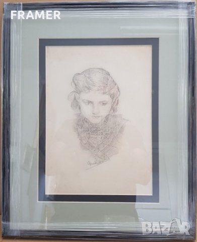 С.Марков Българско момиче 1913 година прецизна рисунка с молив, снимка 1