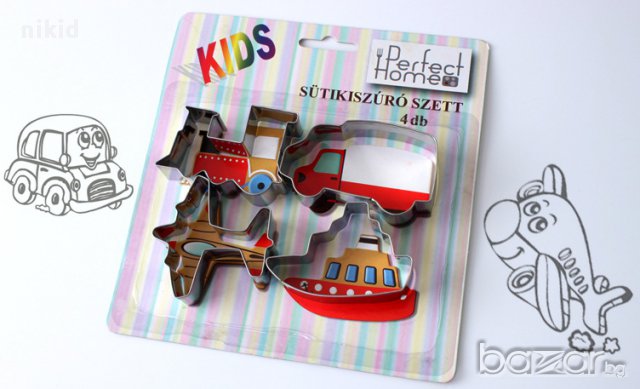 4 метални форми транспортни средства самолет влак кораб камион резци бисквитки фондан резец форма