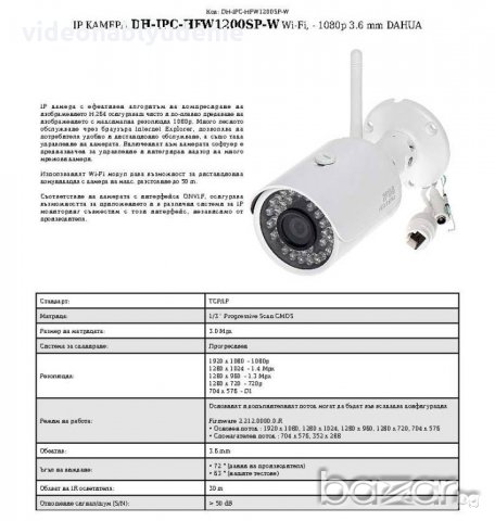 FULL HD 1080P Dahua DH-IPC-HFW1200SP-W WiFi 2Mpx IP66 Вандалоустойчива Водоустойчива Метал IP Камера, снимка 9 - IP камери - 17780749