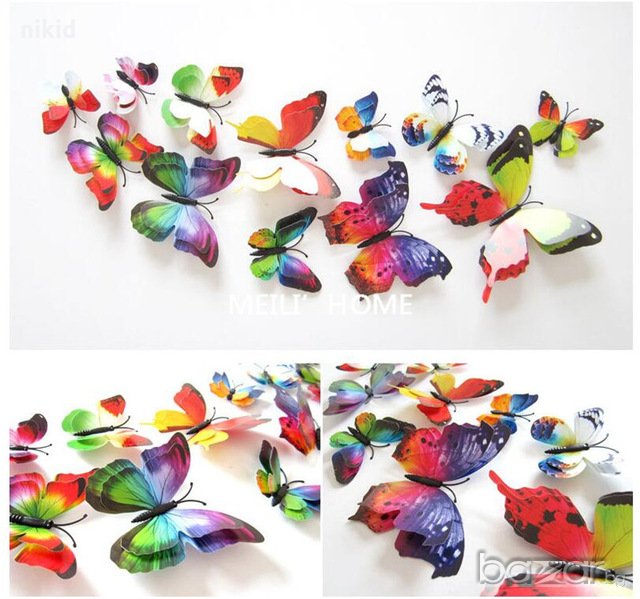 3D 12 бр pvc шарени магнитни и  самозалепващи пеперуди декорация за стена и мебел, снимка 1