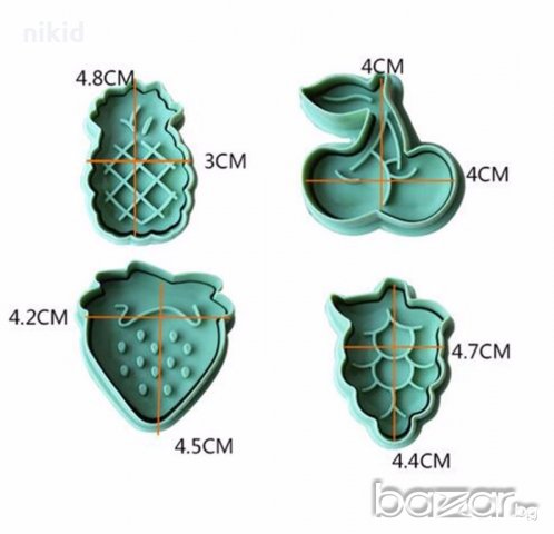4 бр плодове грозде череша ананас ягода пластмасови форми с бутало резец украса сладки фондан форма , снимка 2 - Форми - 18905311