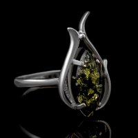 Сребърен пръстен със зелен кехлибар, Родиево покритие, снимка 3 - Пръстени - 25337782