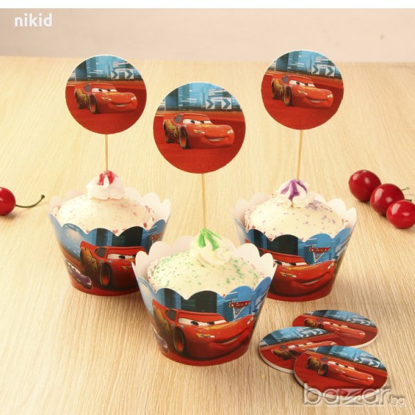 Макуин Маккуин колите McQueen cars 12бр топери и кошнички украса декорация за мъфини кексчета парти, снимка 1