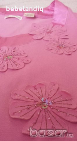 розова блузка със сатенено бие и 3-Д цвятя- XL, снимка 2 - Тениски - 18777283