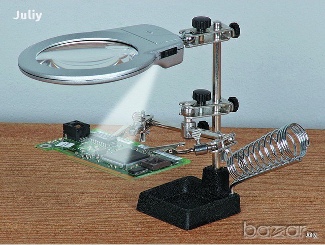 Стойка за поялник с лупа , работна светлина и щипки - тип трета ръка, снимка 1