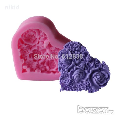 сърце с рози силиконов молд форма  за украса торта с фондан шоколад, снимка 1 - Форми - 14908601