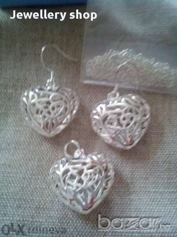 Сребърни комплект обеци и колие Сърце, код 0722, снимка 2 - Бижутерийни комплекти - 9306051