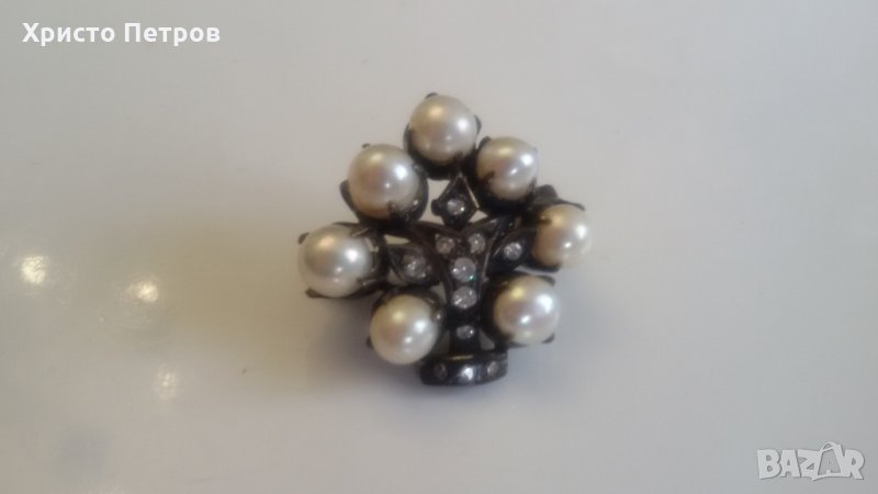 Старинна брошка накит перли диаманти сребро - изключителна, снимка 1