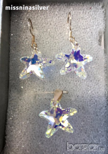 Сребърен комплект морска звезда  от кристал 18мм, снимка 1