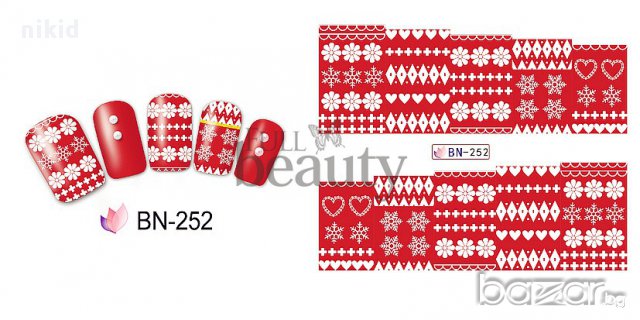 252 червено каре снежинки ваденки водни стикери за нокти маникюр, снимка 1 - Продукти за маникюр - 17258146